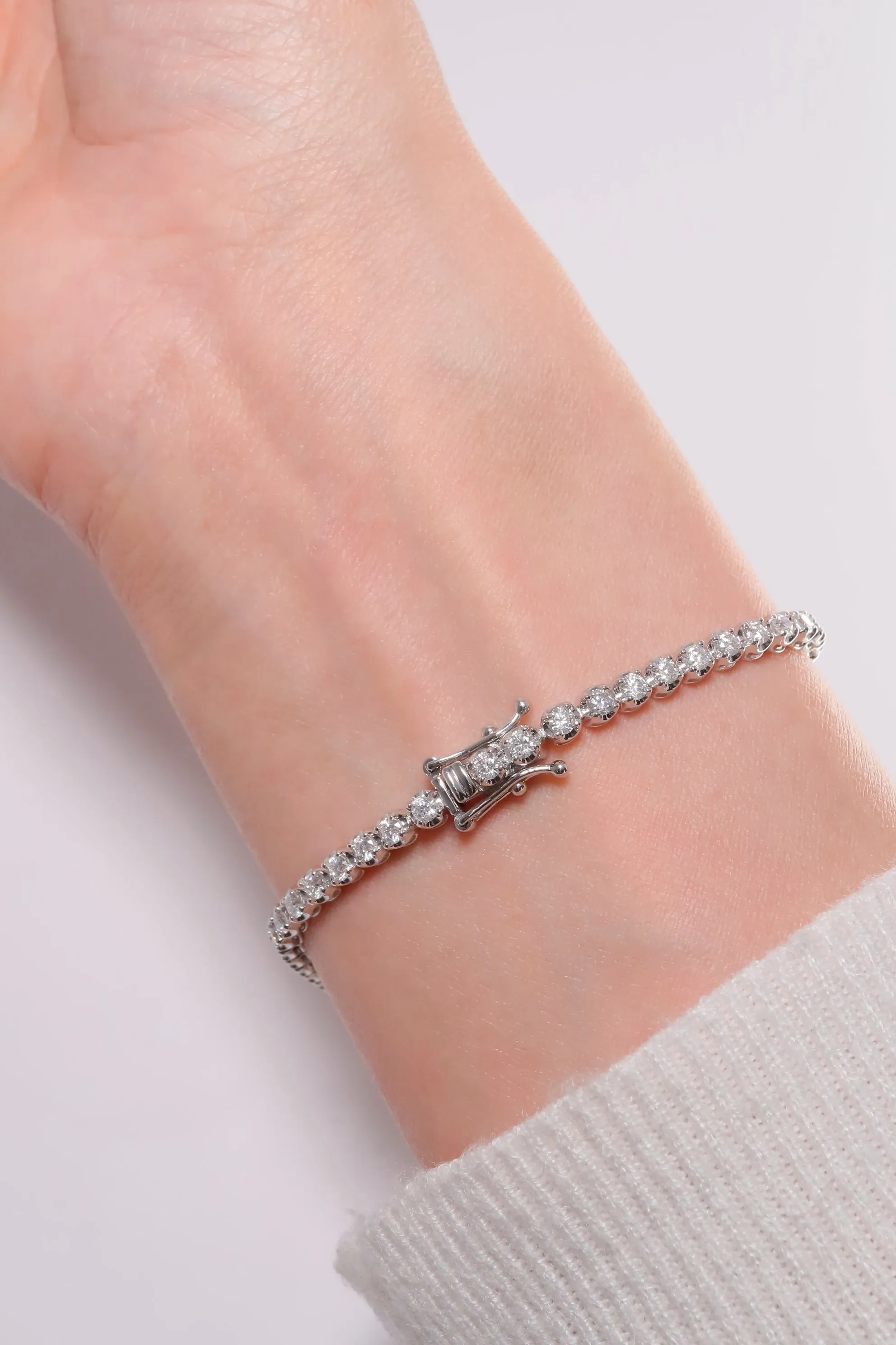 14K Solid White Gold 2.3mm Lab Round Cut Tennis Bracelet