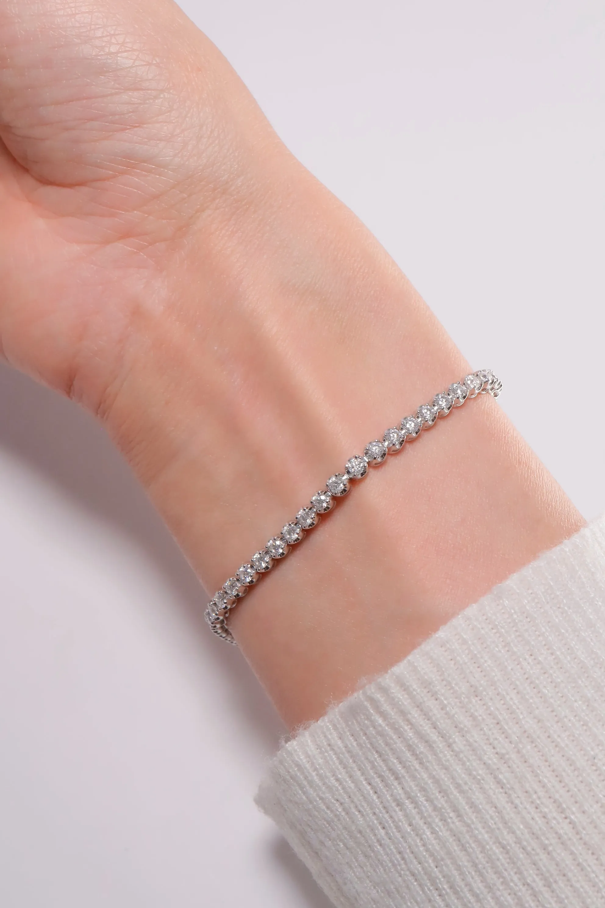 14K Solid White Gold 2.3mm Lab Round Cut Tennis Bracelet