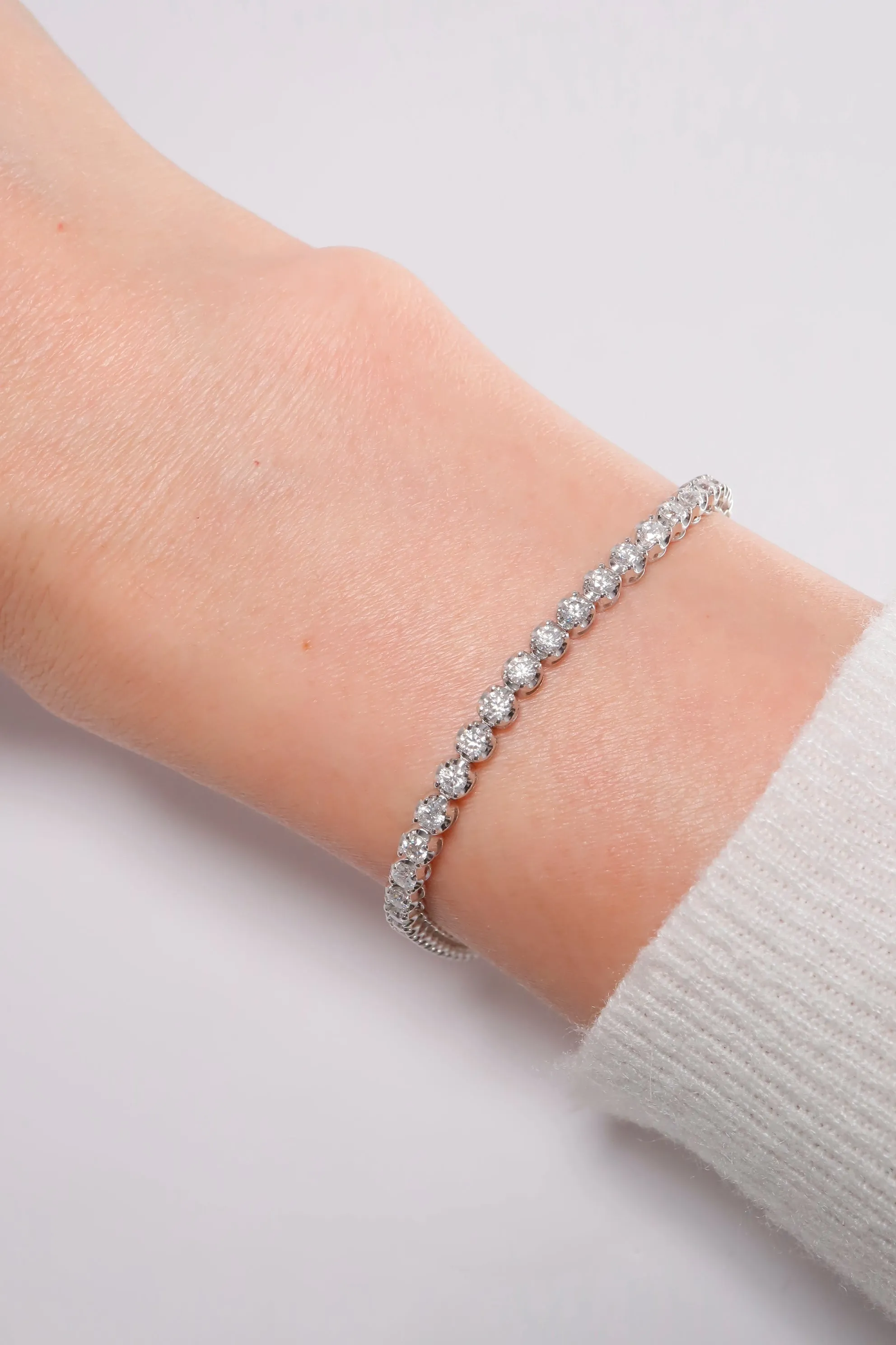 14K Solid White Gold 2.3mm Lab Round Cut Tennis Bracelet