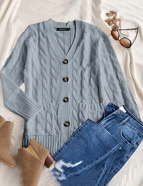 Army Green Women's Long Sleeve Cable Knit Sweater Open Front Cardigan Button Loose Outerwear - MEROKEETY