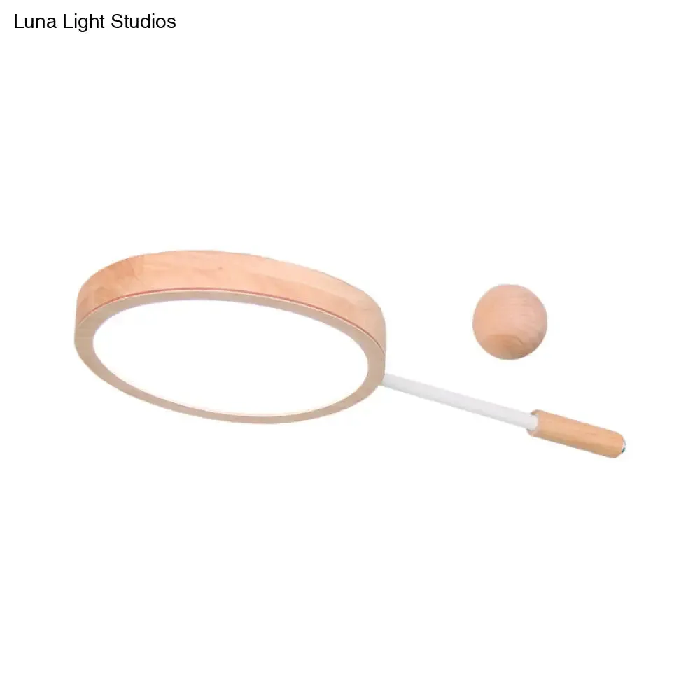 Kindergarten Flush Mount LED Ceiling Light - Creative Tennis Shape, Acrylic & Wood, Beige