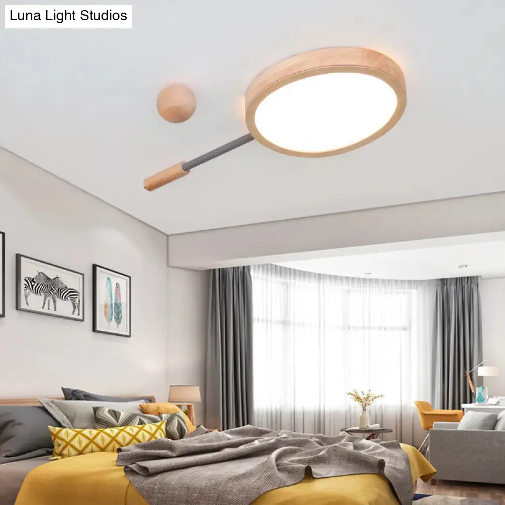 Kindergarten Flush Mount LED Ceiling Light - Creative Tennis Shape, Acrylic & Wood, Beige