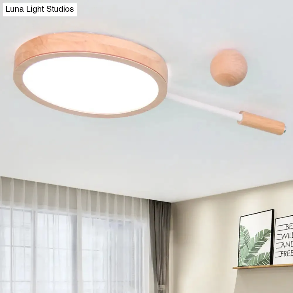 Kindergarten Flush Mount LED Ceiling Light - Creative Tennis Shape, Acrylic & Wood, Beige