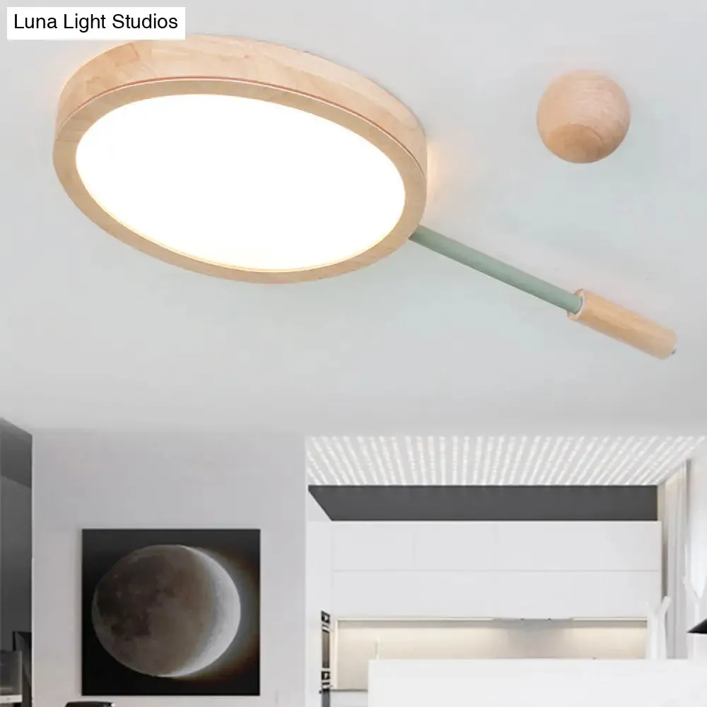 Kindergarten Flush Mount LED Ceiling Light - Creative Tennis Shape, Acrylic & Wood, Beige