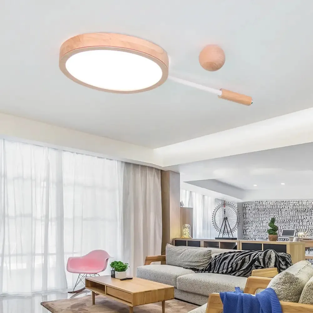 Kindergarten Flush Mount LED Ceiling Light - Creative Tennis Shape, Acrylic & Wood, Beige