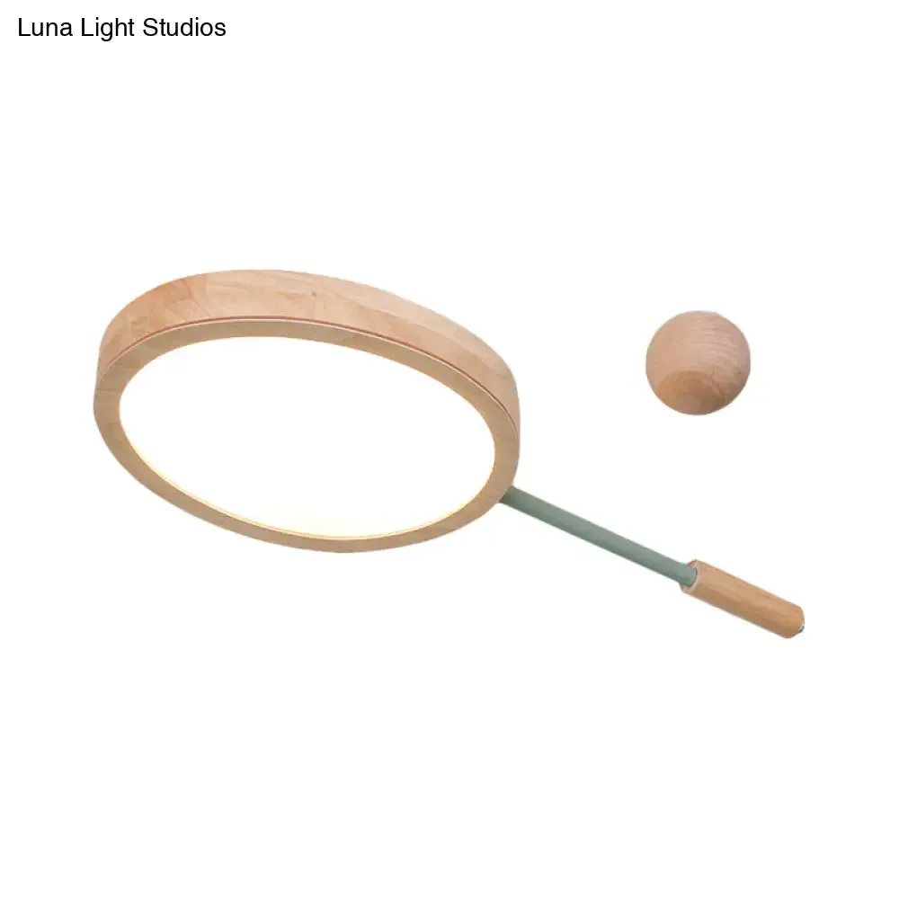 Kindergarten Flush Mount LED Ceiling Light - Creative Tennis Shape, Acrylic & Wood, Beige