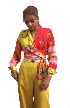 Multi Print Tie Front Blouse
