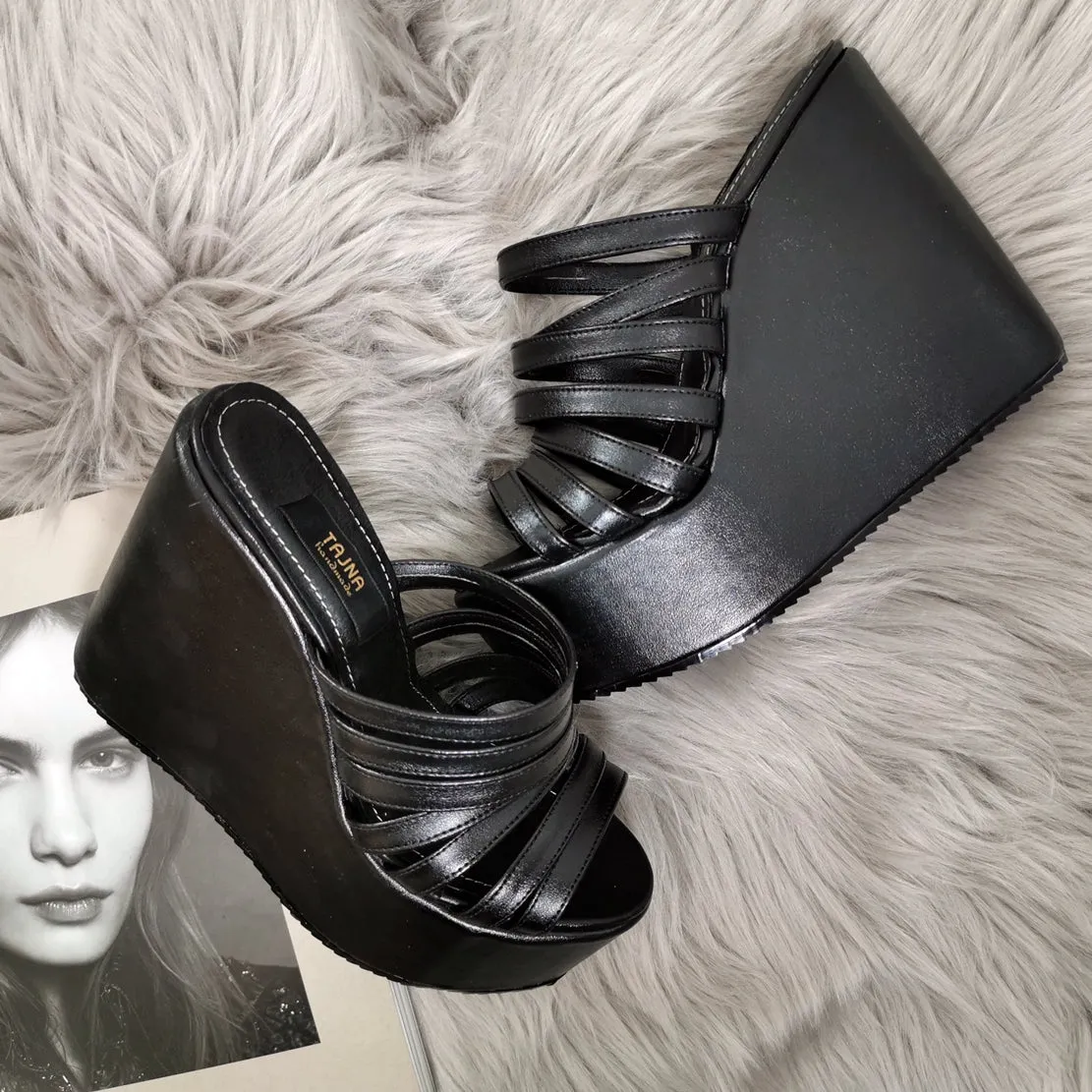 Multi Strap Platform Wedge Mules
