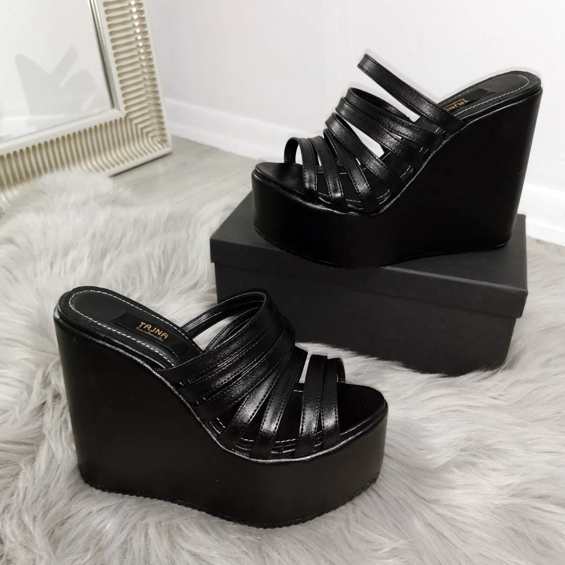 Multi Strap Platform Wedge Mules