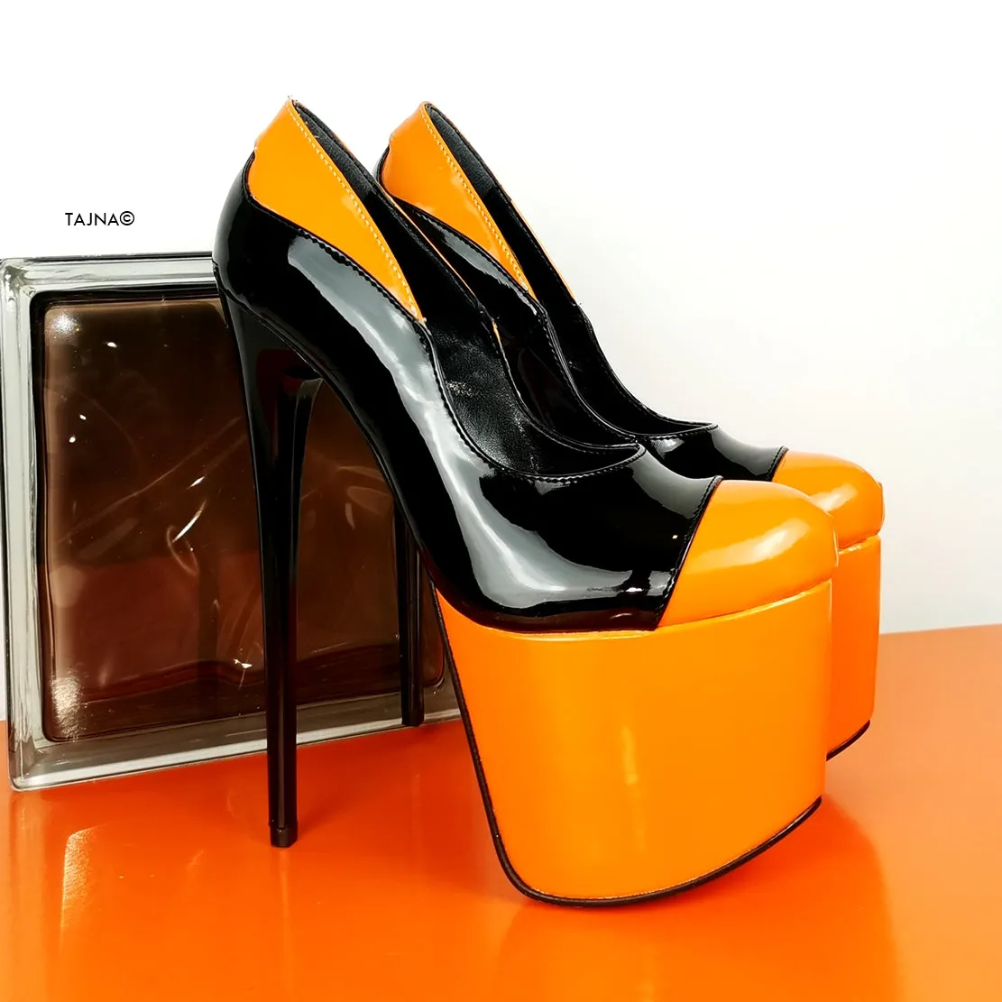 Orange Black Patent High Heel Pumps