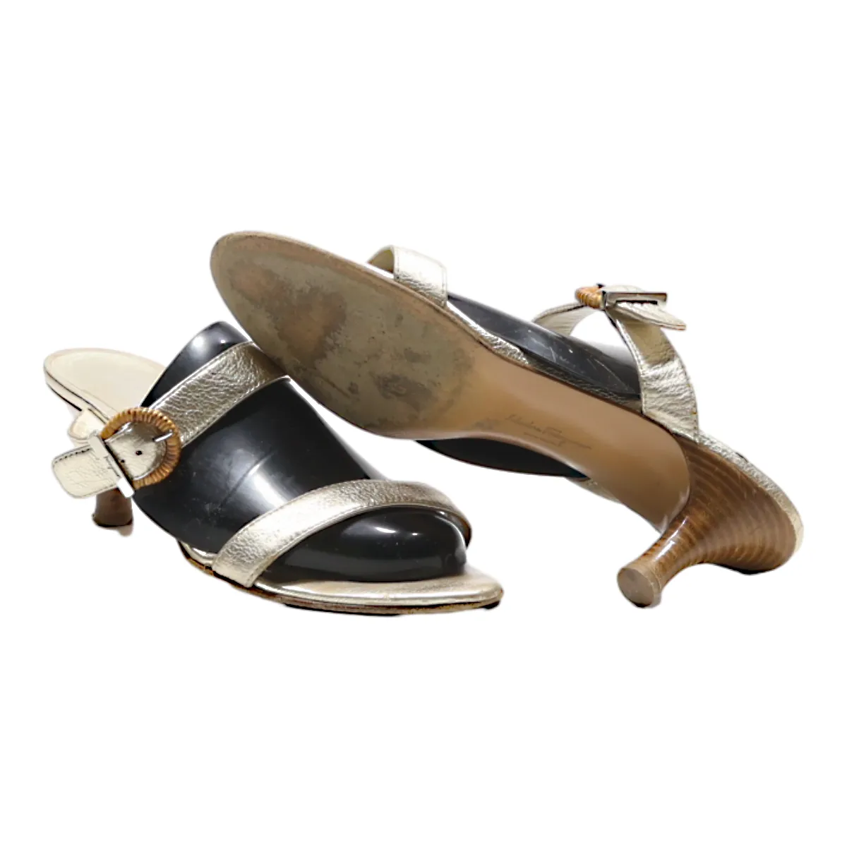 SALVATORE FERRAGAMO Mule Heels Silver Leather Womens UK 7